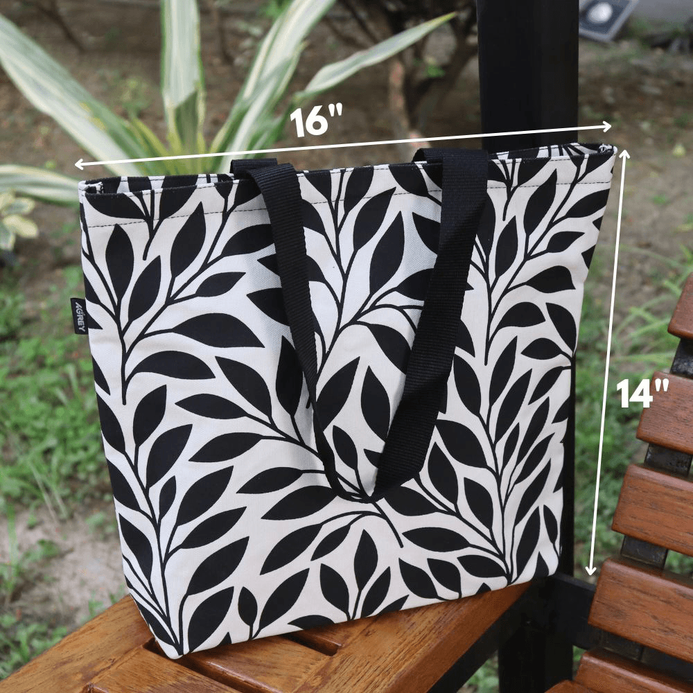Canvas Tote Bag with Zipper, Black & White, (14"x16")