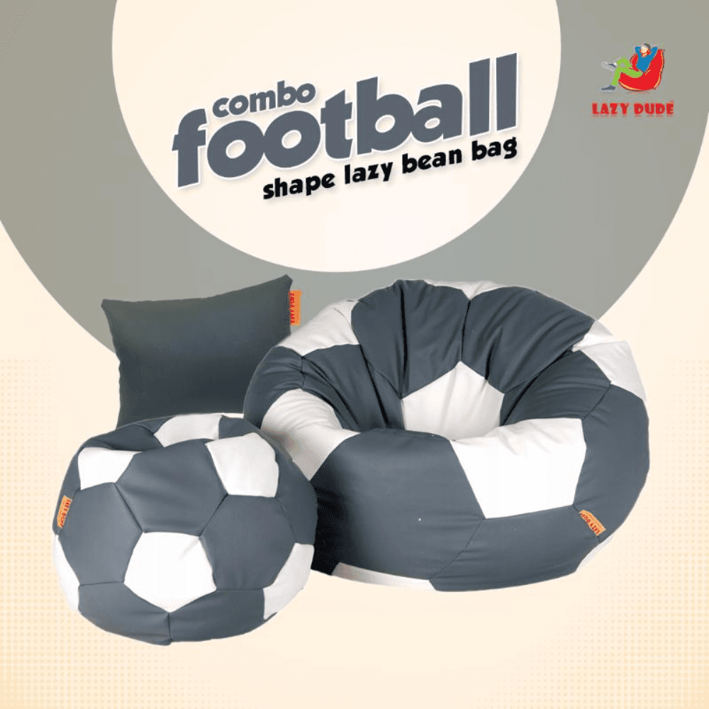 Football Shape Lazy Bean Bag Combo Set - Ash and White Color - XL Size