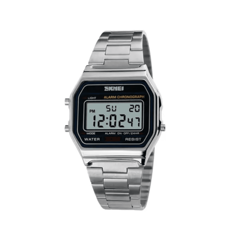 SKMEI 1123 Classic design Unisex Square Digital Display Multi-Function Stainless Steel watch- Silver
