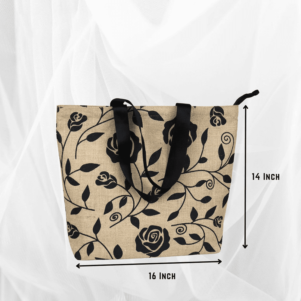 Jute Tote Bag with Zipper, Natural & Black, (14"x16")