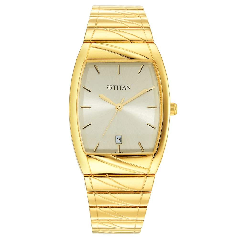Titan Rectangle Champagne Dial Analog with Date Stainless Steel Strap