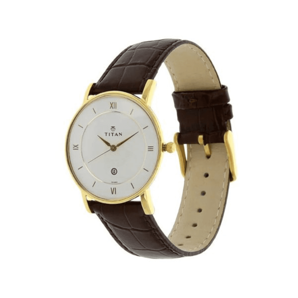 TITAN Elegant Analog Date Leather Belt Men’s Watch-Gold White For Men  - 9162YL01