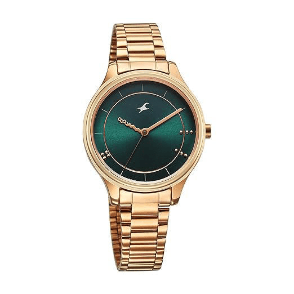 Fastrack 6296WM02 Stunners Analog Green Dial Rose Gold Metal Watch For Girls