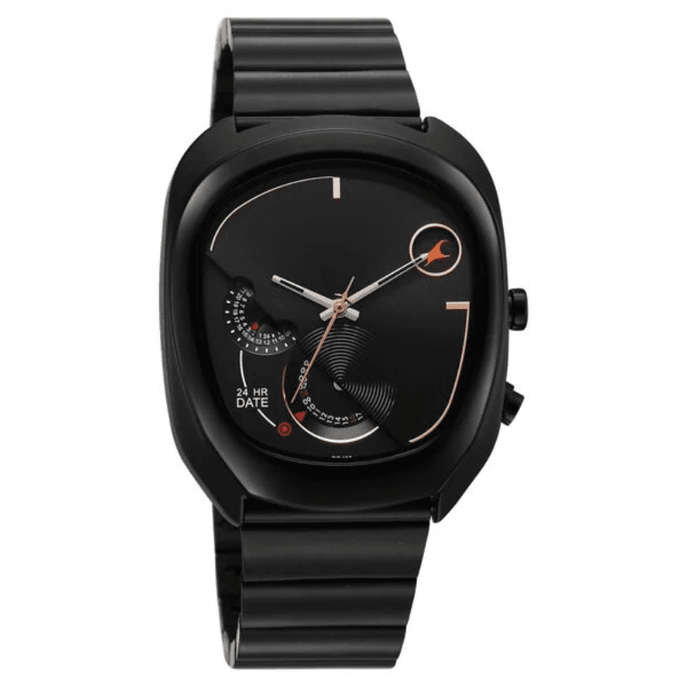 Fastrack UFO Quartz Multifunction Black Dial Black Stainless Steel Strap Watch For Guys (3327NM01)