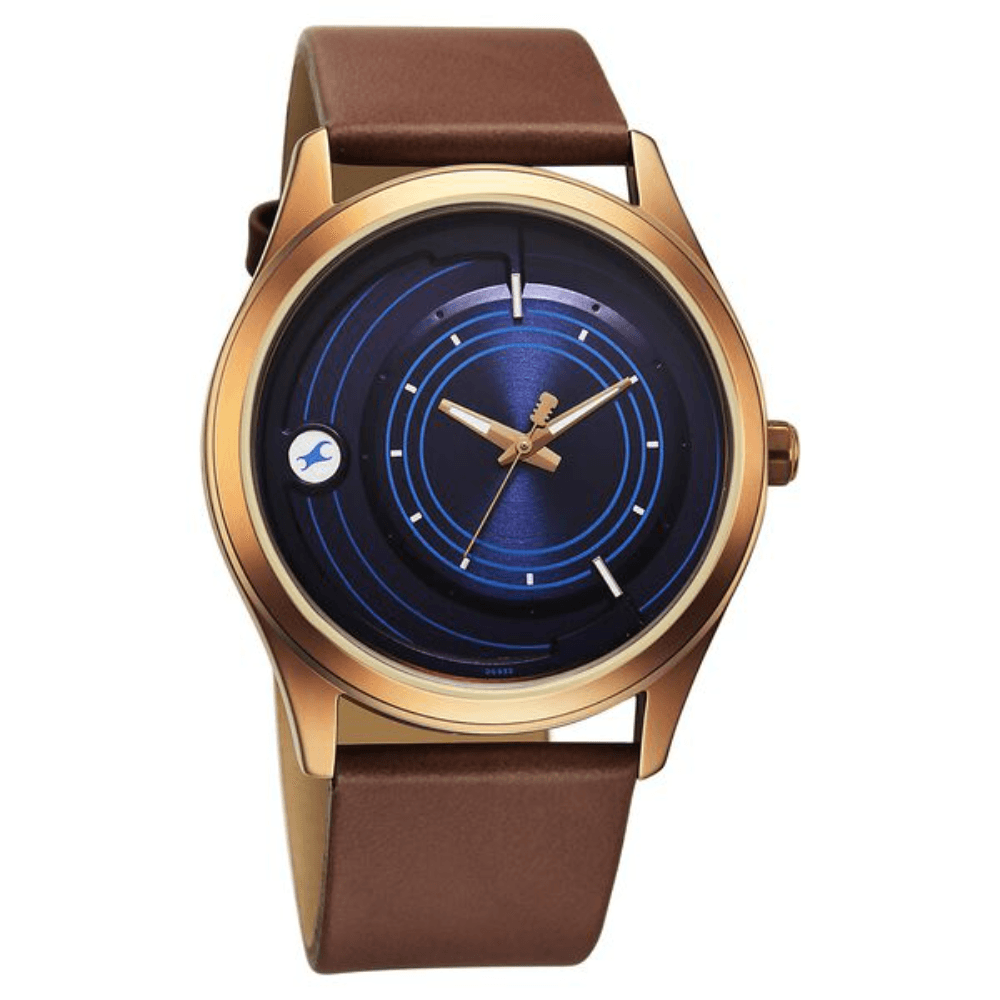 Fastrack Groove Quartz Analog Blue Dial Brown Leather Strap Watch For Guys (3317QL01)