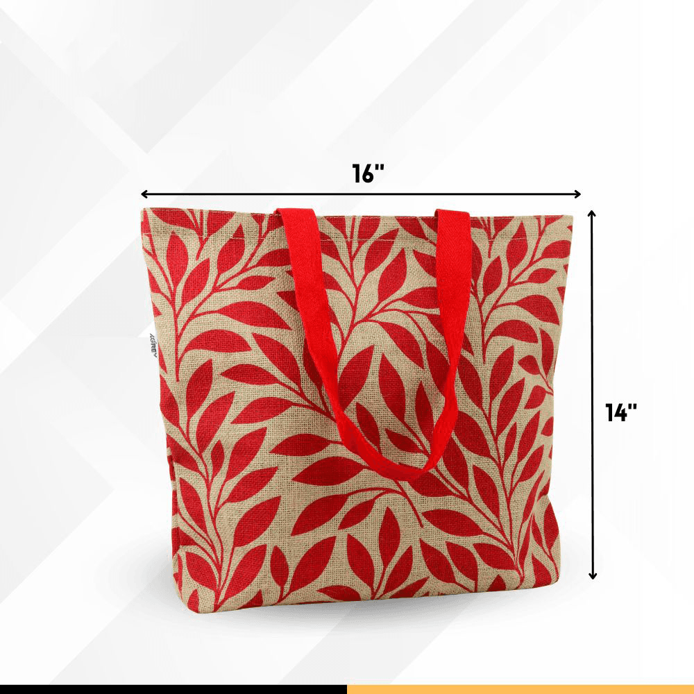 Jute Tote Bag with Zipper, Natural & Red, (14"x16")