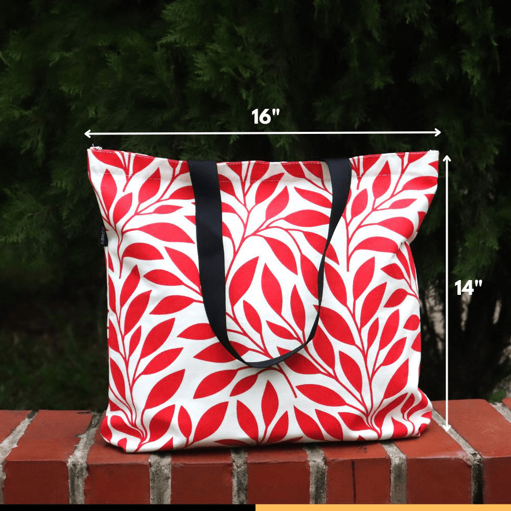 Canvas Tote Bag with Zipper, Red & White, (14"x16")
