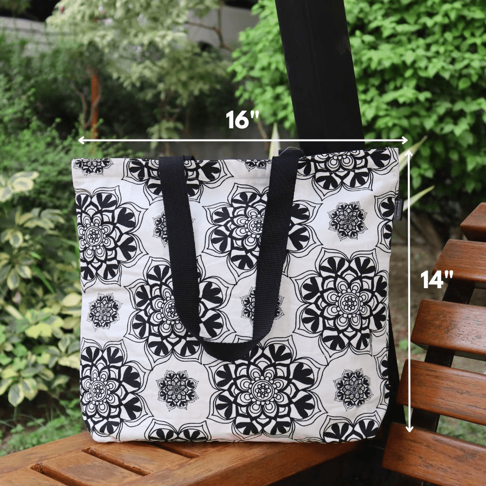 Canvas Tote Bag with Zipper, Black & White, (14"x16")