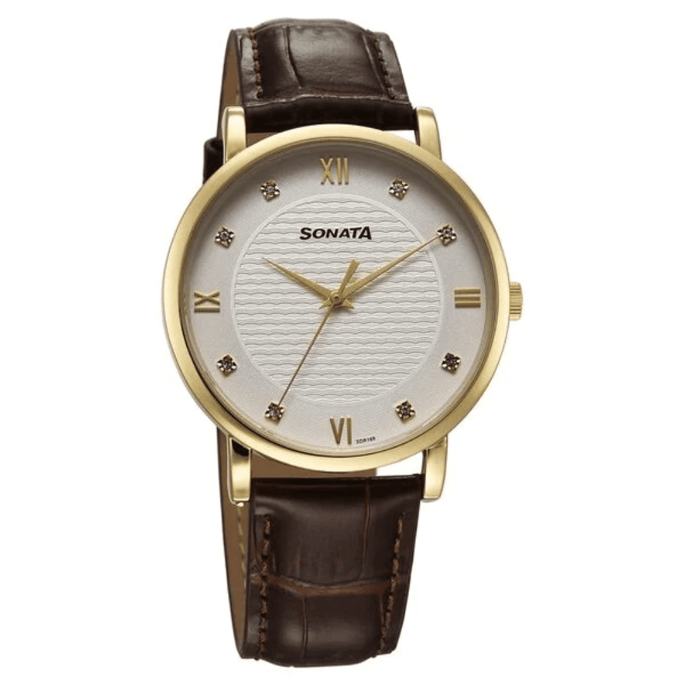 Sonata Wedding Quartz Analog Off White Dial Leather Strap Watch For Men (77155YL01)