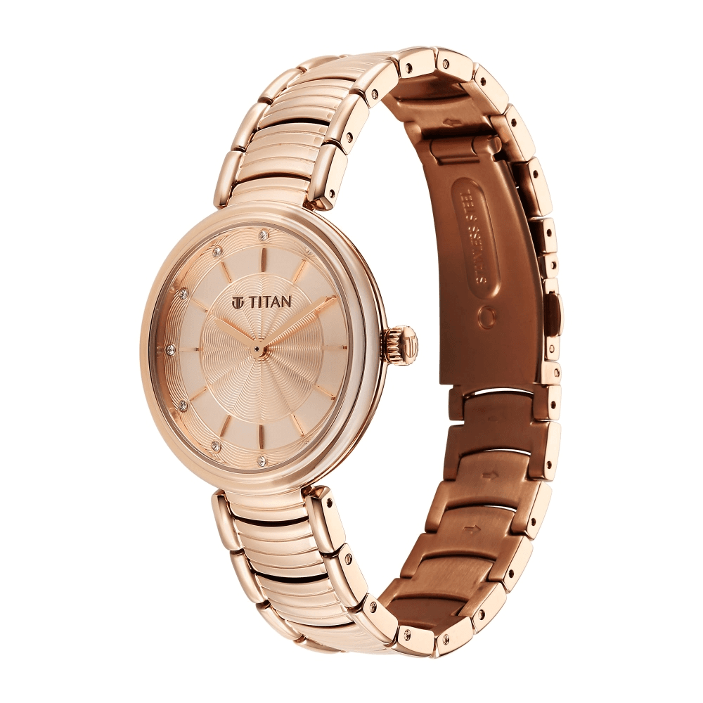 Titan Aura Quartz Analog Rose Gold Dial Rose Gold Stainless Steel Strap Watch for Women (95240WM01)