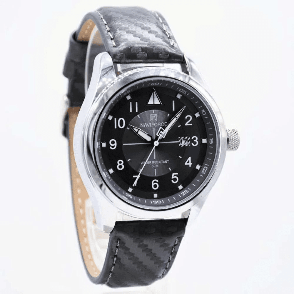 Naviforce NF 8022 Analog Pu Leather Watch for Men  Black & Silver