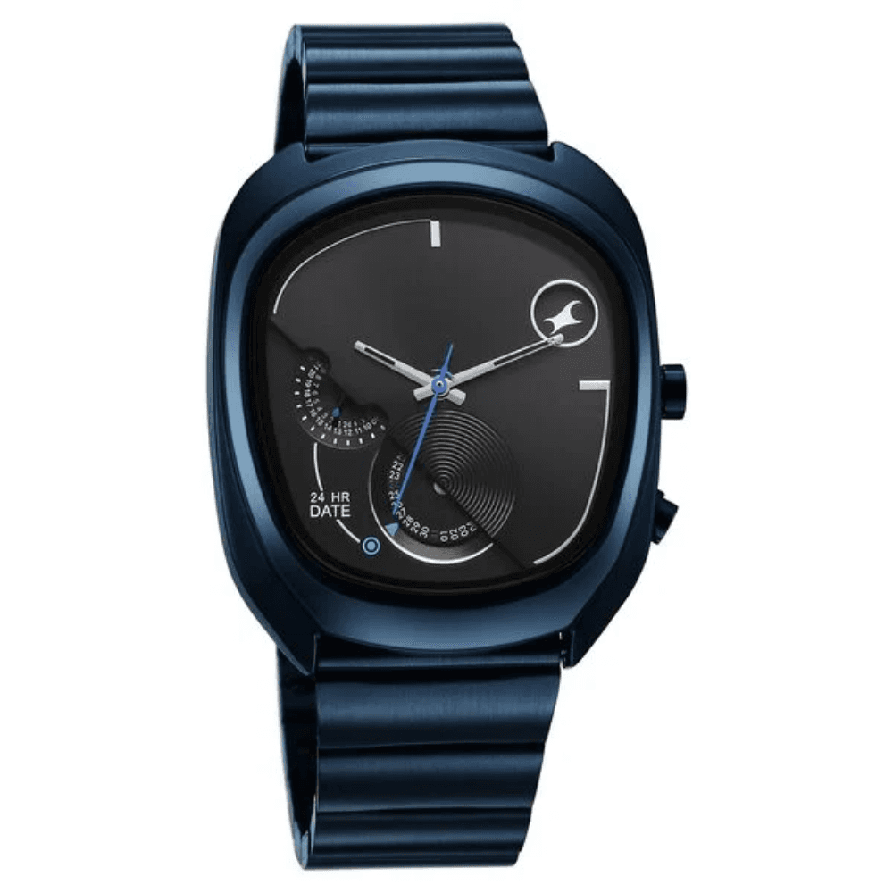 Fastrack UFO Quartz Multifunction Black Dial Blue Stainless Steel Strap Watch For Guys (3327QM01)