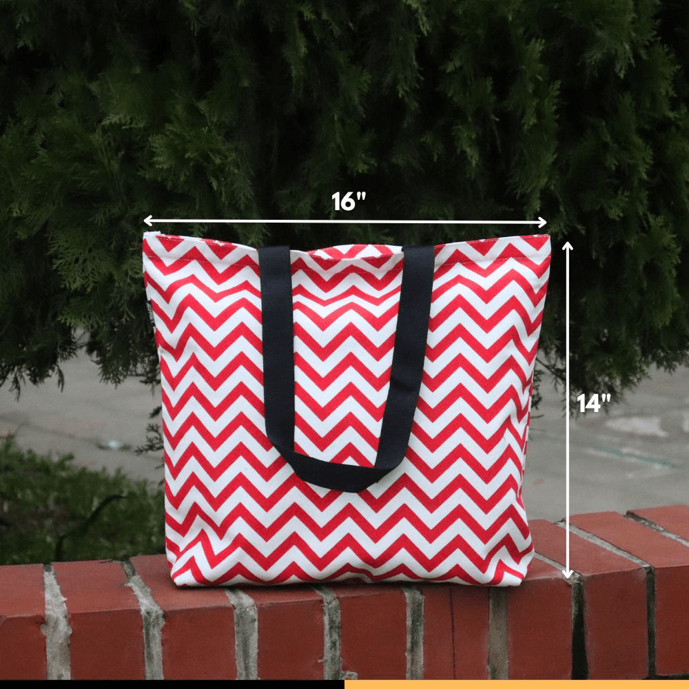 Canvas Tote Bag with Zipper, Red & White, (14"x16")