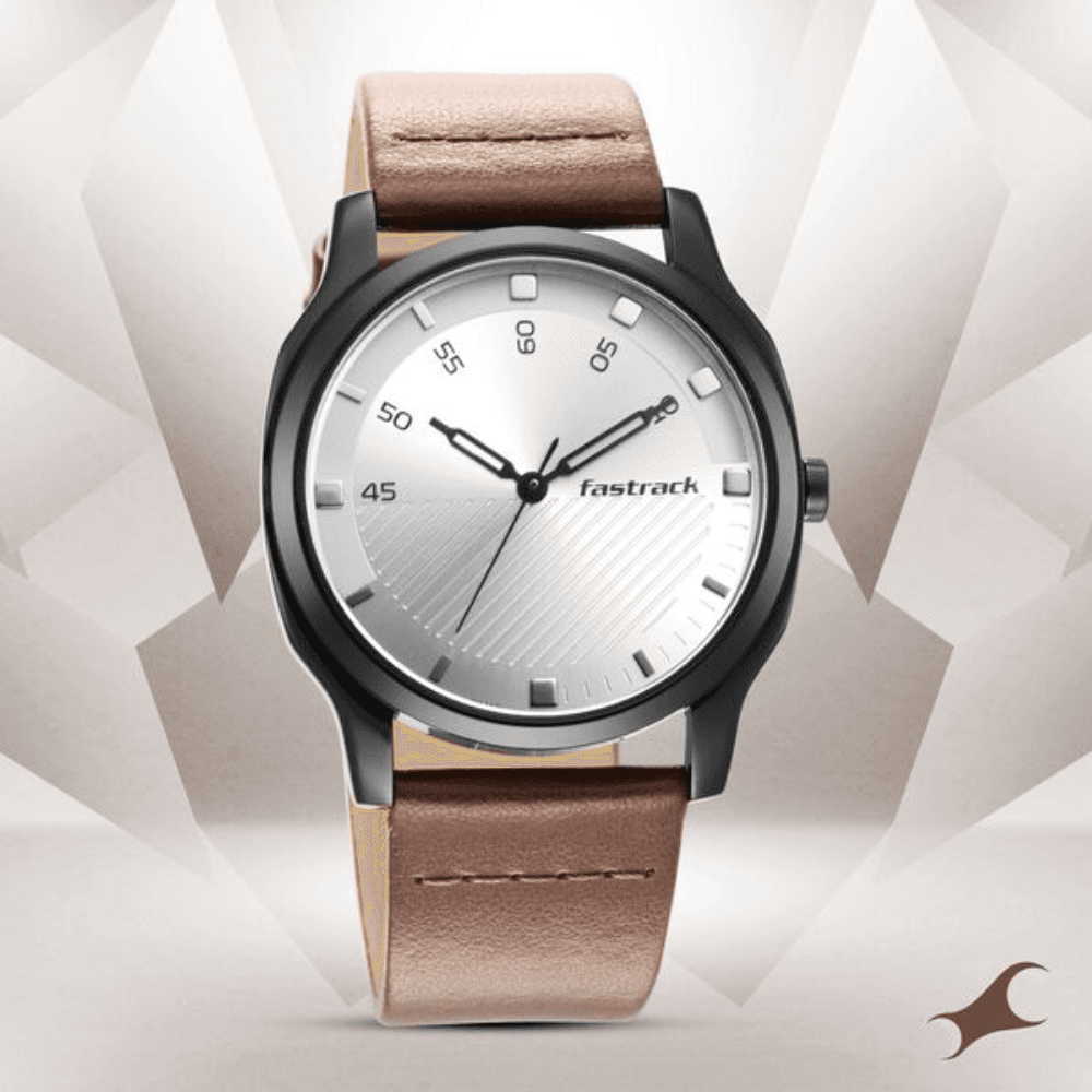 Fastrack Stunners Quartz Analog Silver Dial Leather Strap Watch for Guys (3255NL02)