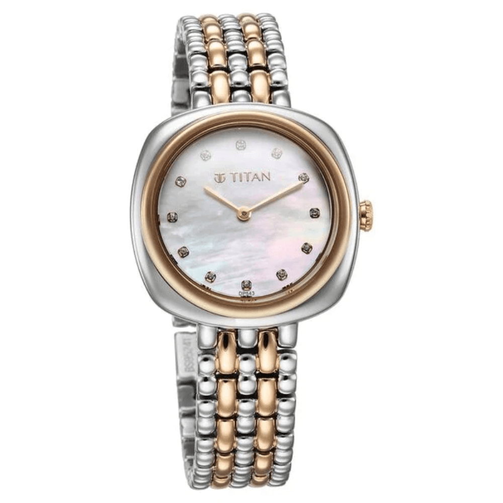 Titan Aura Quartz Analog White Mother Of Pearl Dial Rose Gold and Silver Stainless Steel Strap Watch for Women (95241KM01)
