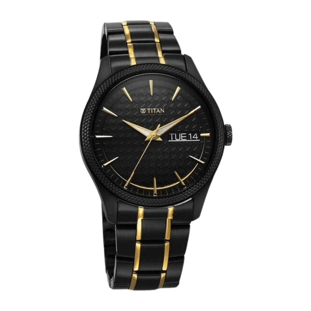 Titan Regalia Opulent Quartz Analog with Day and Date Black Dial Two Toned Stainless Steel Strap Watch for Men (1805KM10)
