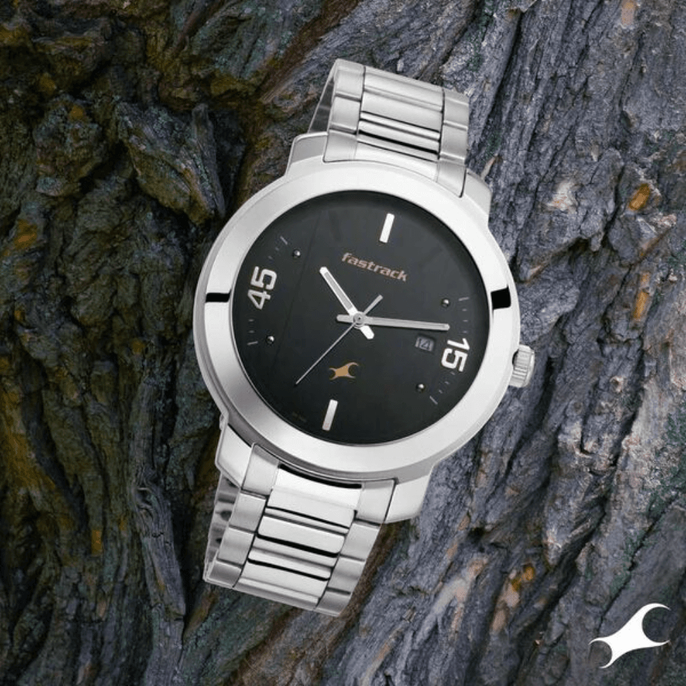 Fastrack Bare Basics Quartz Analog with Date Black Dial Stainless Steel Strap Watch for Guys (3246SM02)