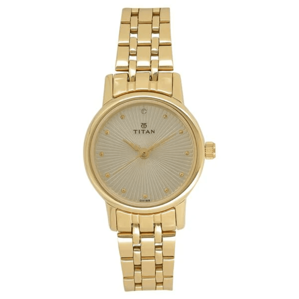 Titan Quartz Analog Champagne Round Dial Golden Stainless Steel Strap Watch For Women (2593YM01)
