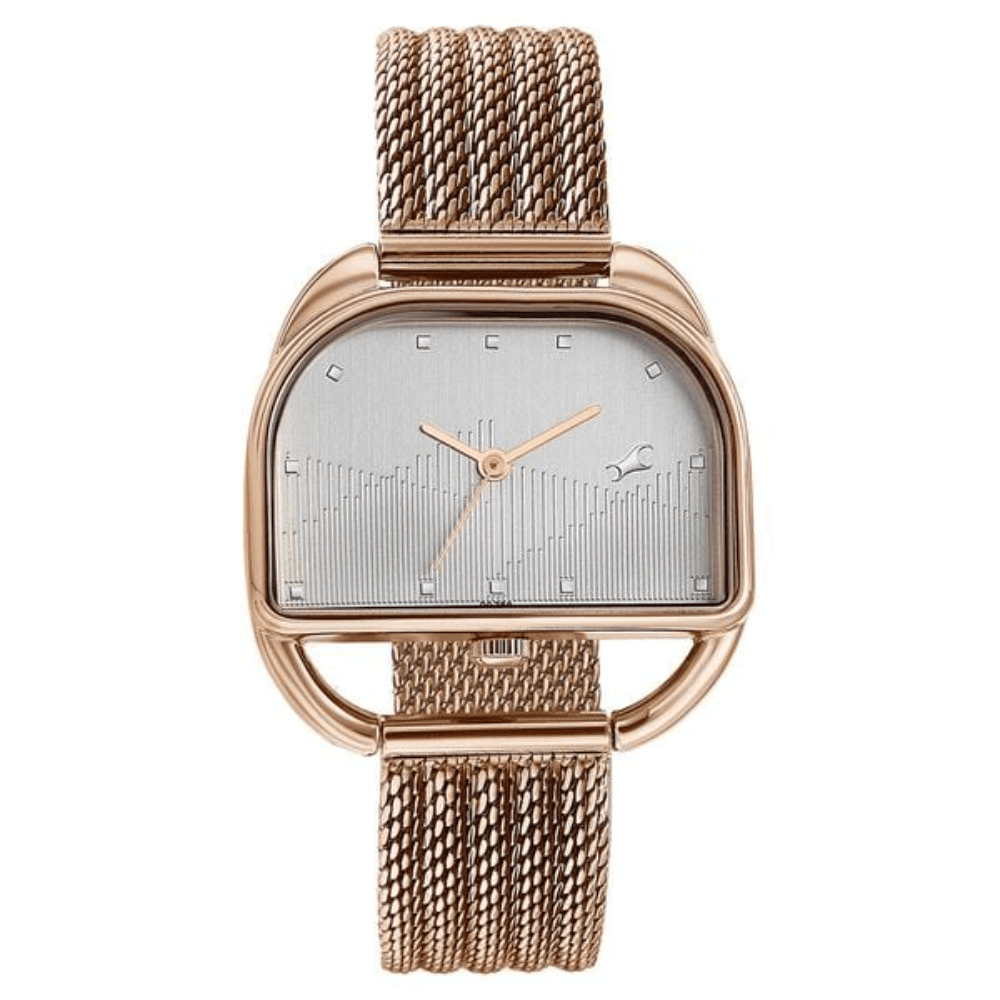 Fastrack Style Up Quartz Analog Silver Dial Rose Gold Stainless Steel Strap Watch For Girls (6307WM01)