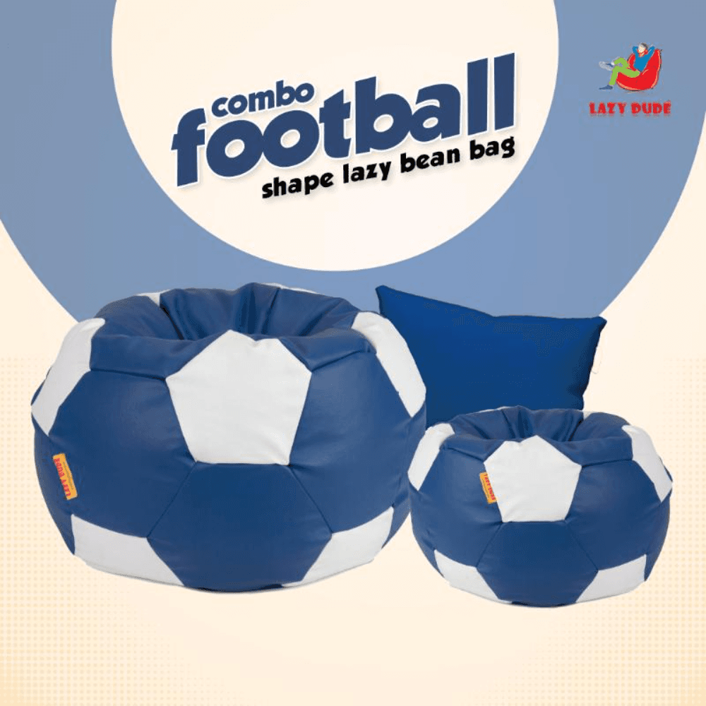 Football Shape Lazy Bean Bag Combo Set - Deep Blue and White Color - XL Size