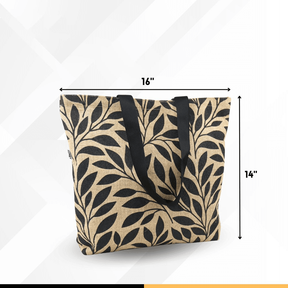 Jute Tote Bag with Zipper, Natural & Black, (14"x16")