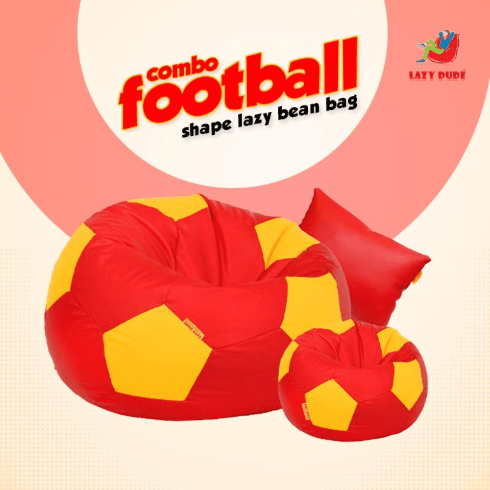 Football Shape Lazy Bean Bag Combo Set - Red and Yellow Color - XL Size