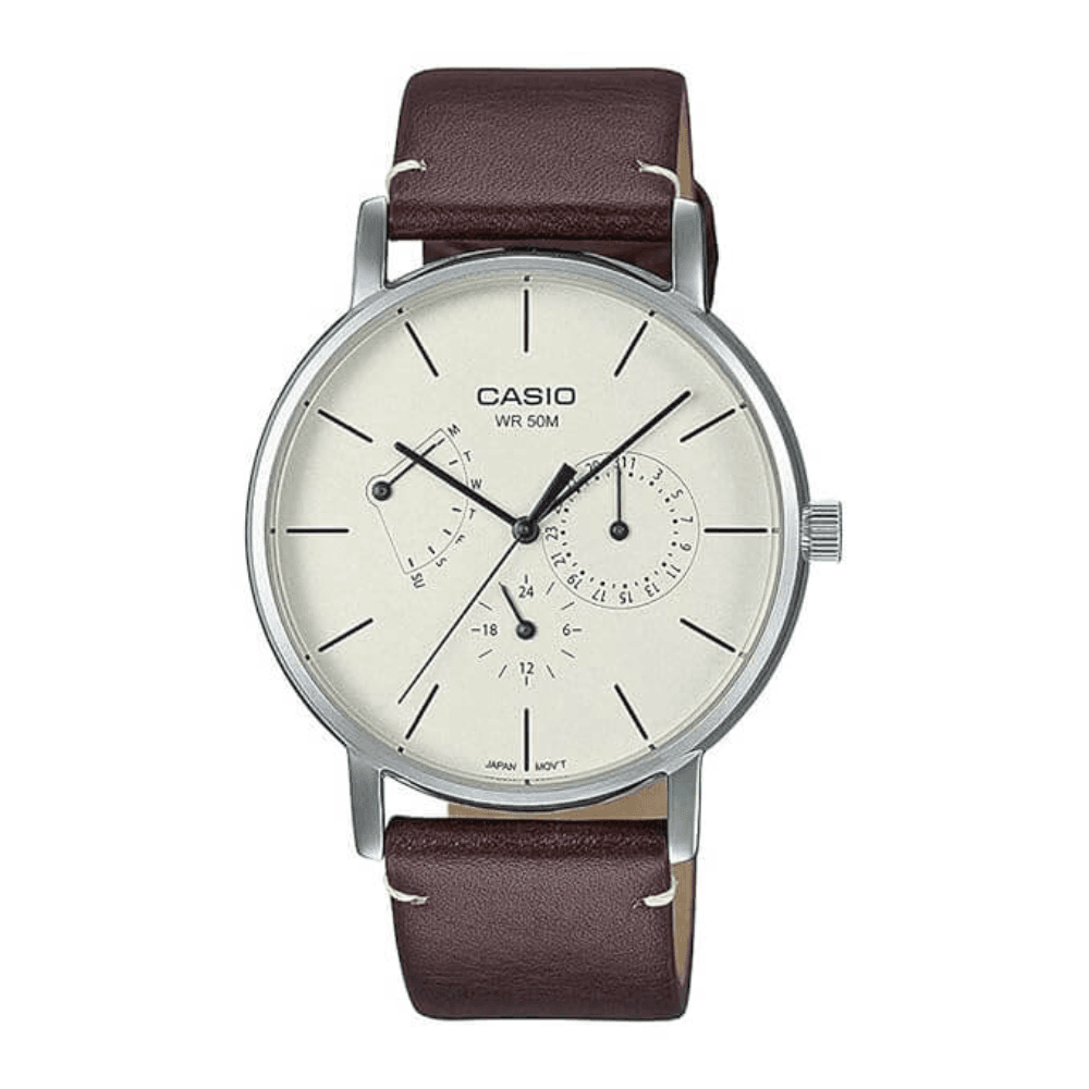 CASIO MTP-E320L-5EVDF Silver Brown Leather Strap Analog Watch For Men