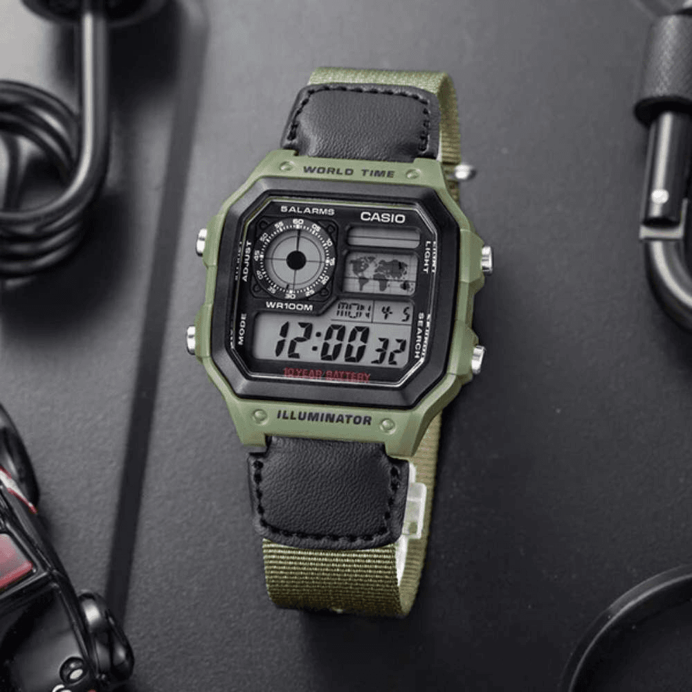 WW1023 Casio Youth World Time Digital Nylon Belt Watch AE-1200WHB-3BVDF